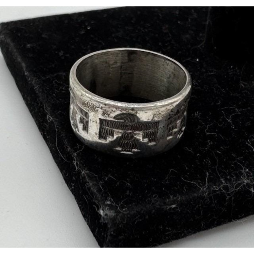Vtg Bell Trading Post Etched Thunderbird Ring Size 7 Sterling Silver 925 Patina